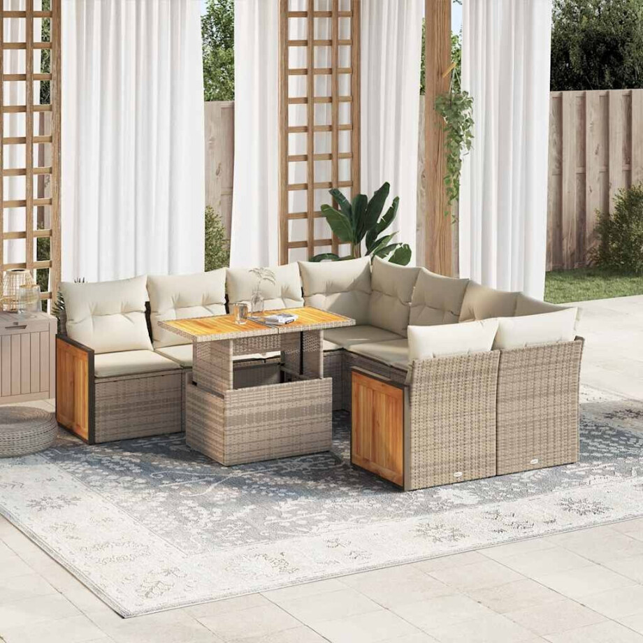 vidaXL 9-delige Loungeset met kussens poly rattan acacia beige afbeelding 1