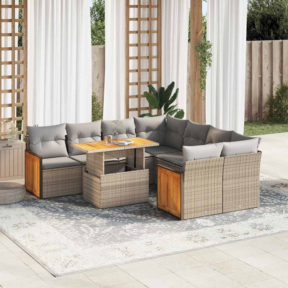 vidaXL 9-delige Loungeset met kussens poly rattan acacia beige afbeelding 1