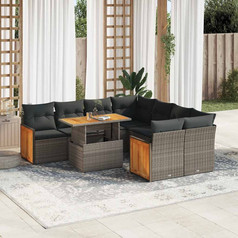 vidaXL 9-delige Loungeset met kussens poly rattan acacia grijs afbeelding 1