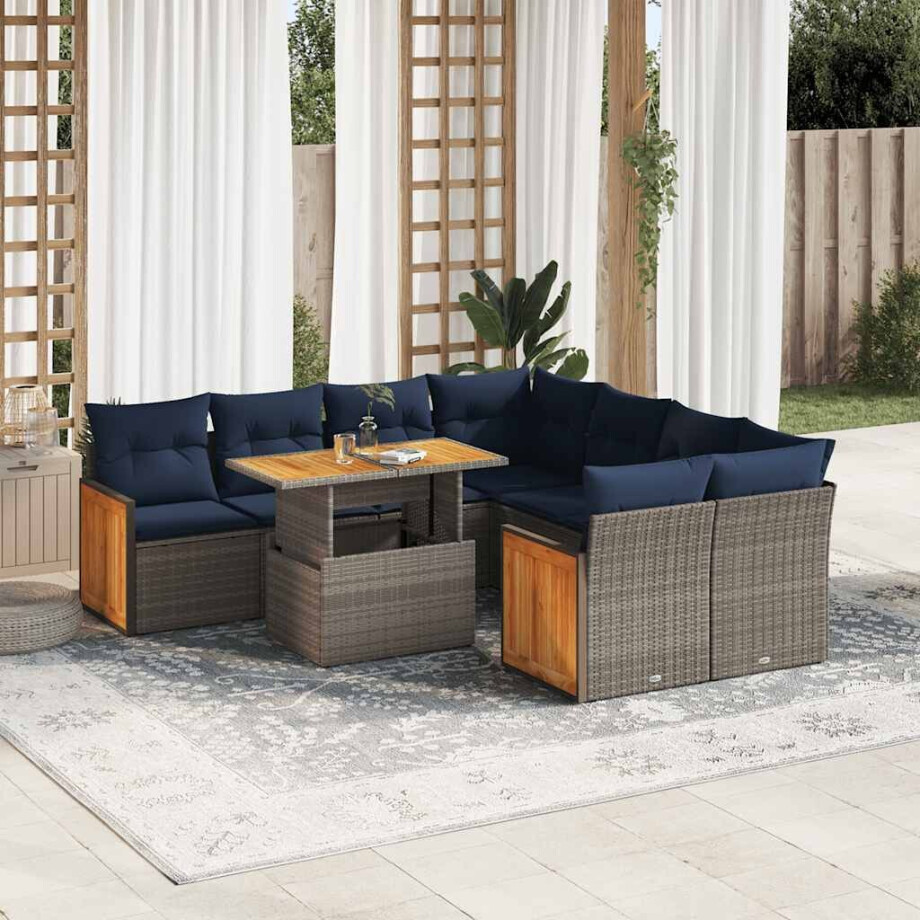 vidaXL 9-delige Loungeset met kussens poly rattan acacia grijs afbeelding 1