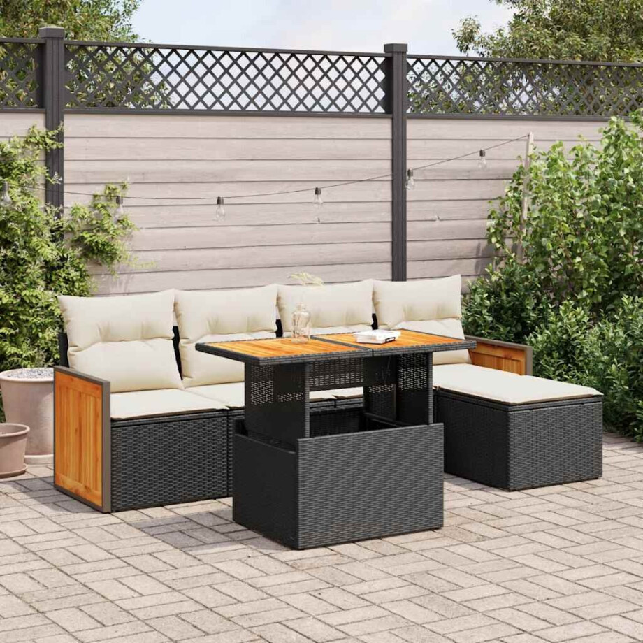 vidaXL 6-delige Loungeset met kussens poly rattan acacia zwart afbeelding 1