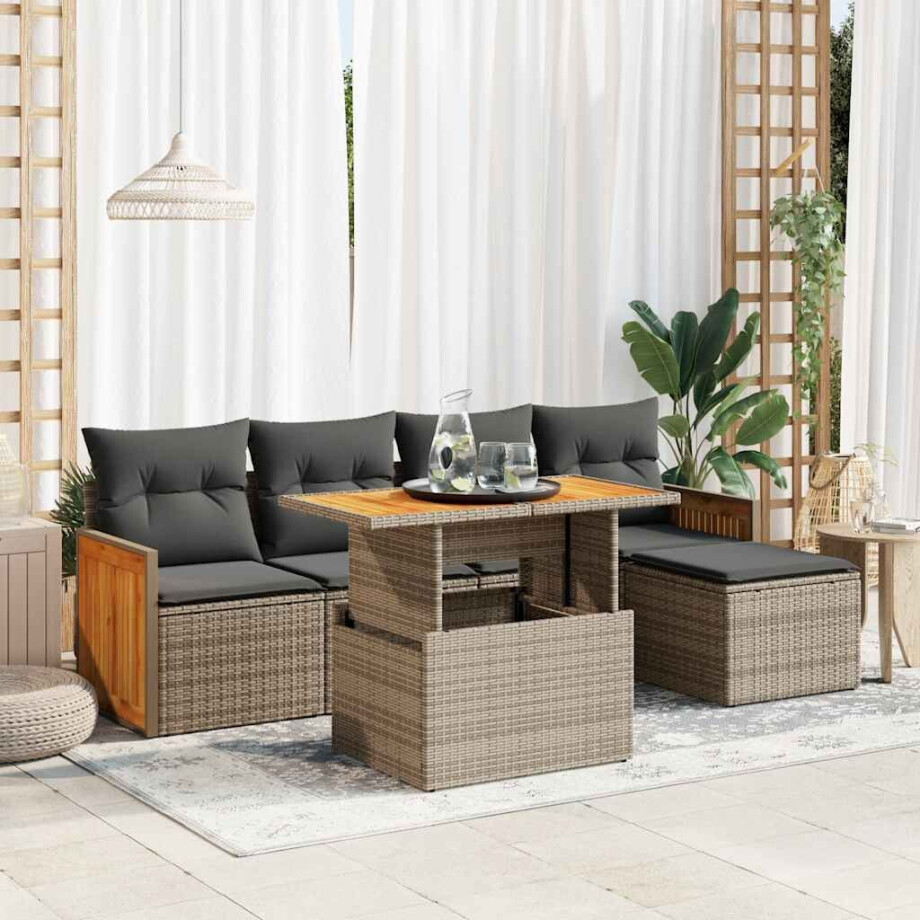 vidaXL 6-delige Loungeset met kussens poly rattan acacia grijs afbeelding 1