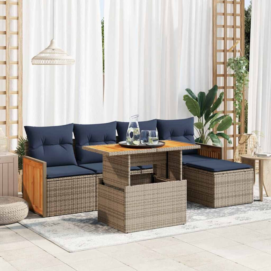 vidaXL 6-delige Loungeset met kussens poly rattan acacia grijs afbeelding 1