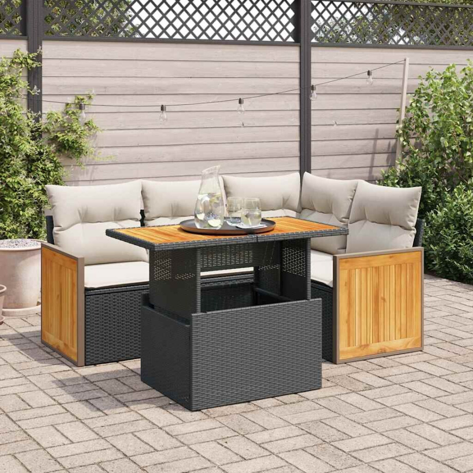 vidaXL 5-delige Loungeset met kussens poly rattan acacia zwart afbeelding 1