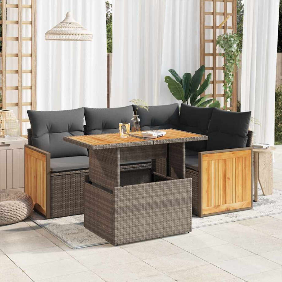 vidaXL 5-delige Loungeset met kussens poly rattan acacia grijs afbeelding 1
