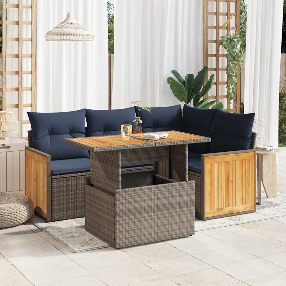 vidaXL 5-delige Loungeset met kussens poly rattan acacia grijs afbeelding 1