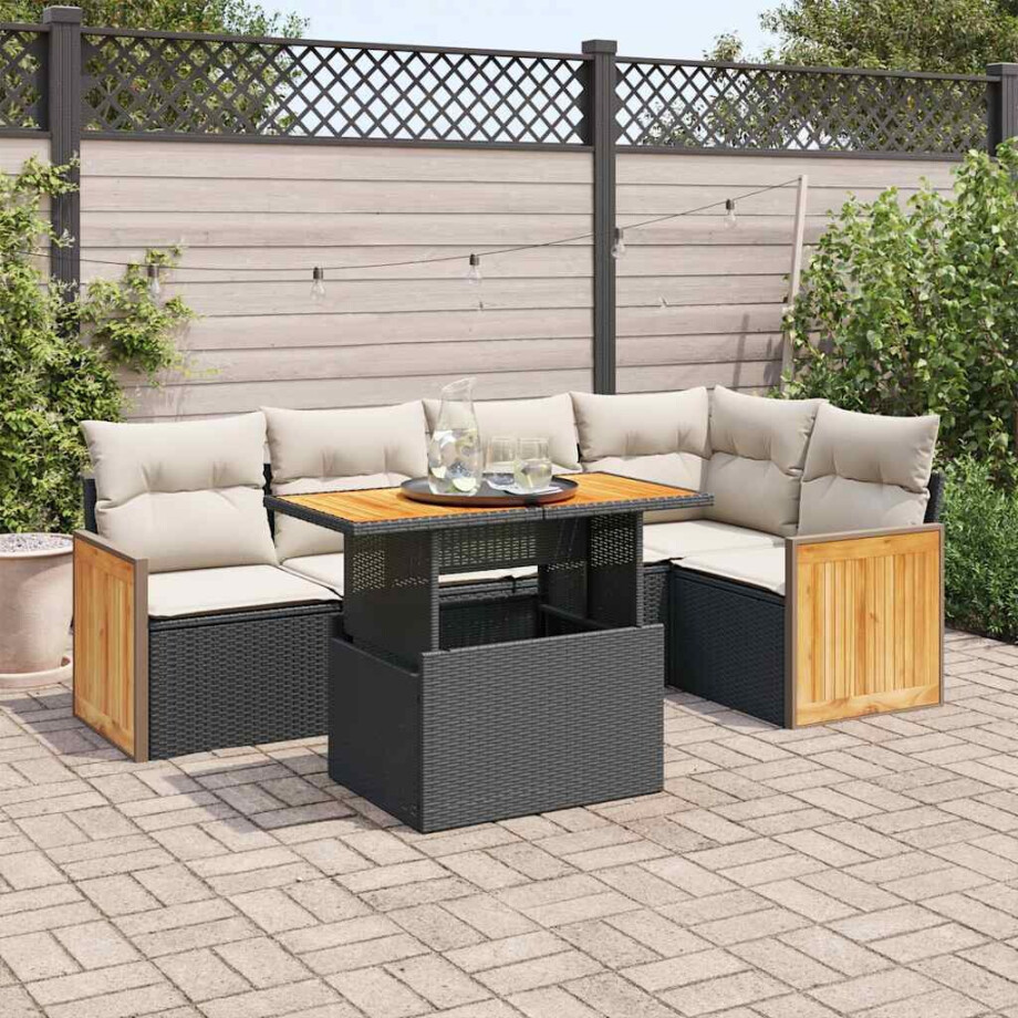 vidaXL 6-delige Loungeset met kussens poly rattan acacia zwart afbeelding 1