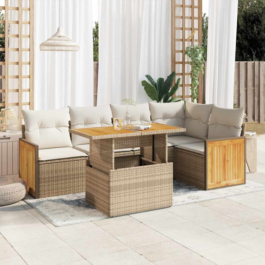 vidaXL 6-delige Loungeset met kussens poly rattan acacia beige afbeelding 1