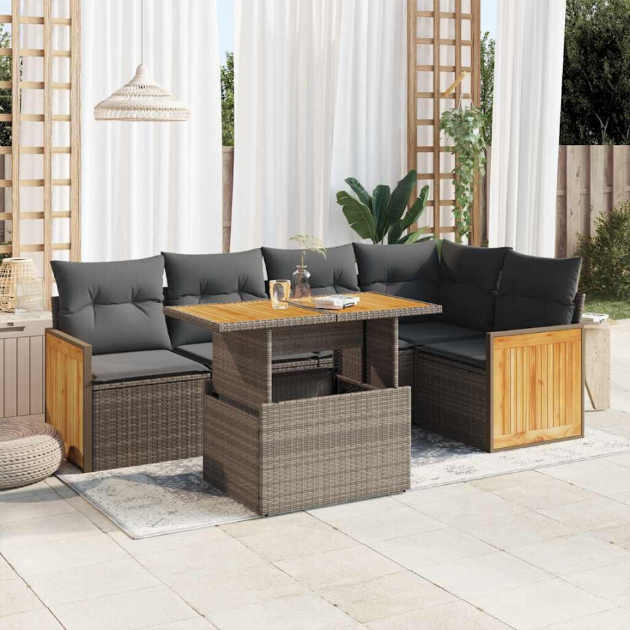 vidaXL 6-delige Loungeset met kussens poly rattan acacia grijs afbeelding 1