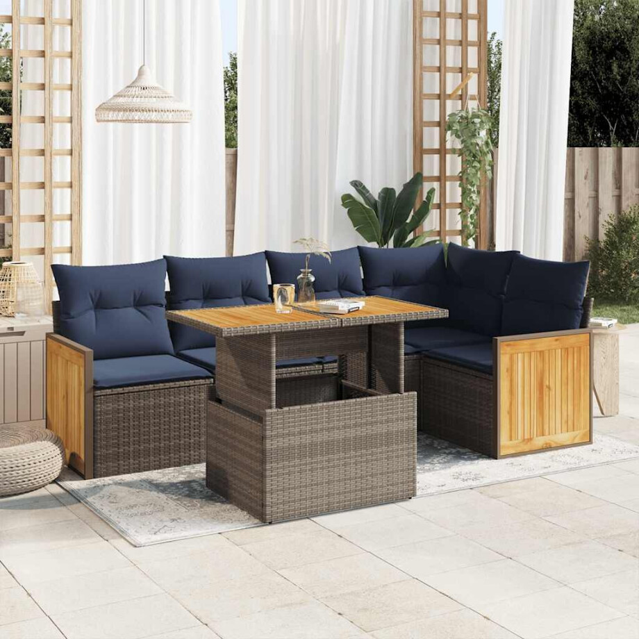 vidaXL 6-delige Loungeset met kussens poly rattan acacia grijs vidaXL 6-delige Loungeset met kussens poly rattan acacia grijs afbeelding 1