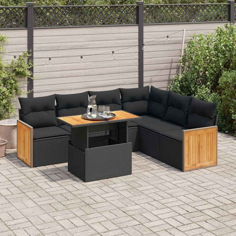 vidaXL 7-delige Loungeset met kussens poly rattan acacia zwart afbeelding 1