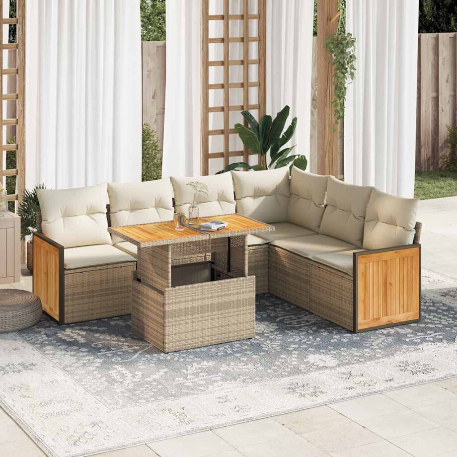vidaXL 7-delige Loungeset met kussens poly rattan acacia beige afbeelding 1