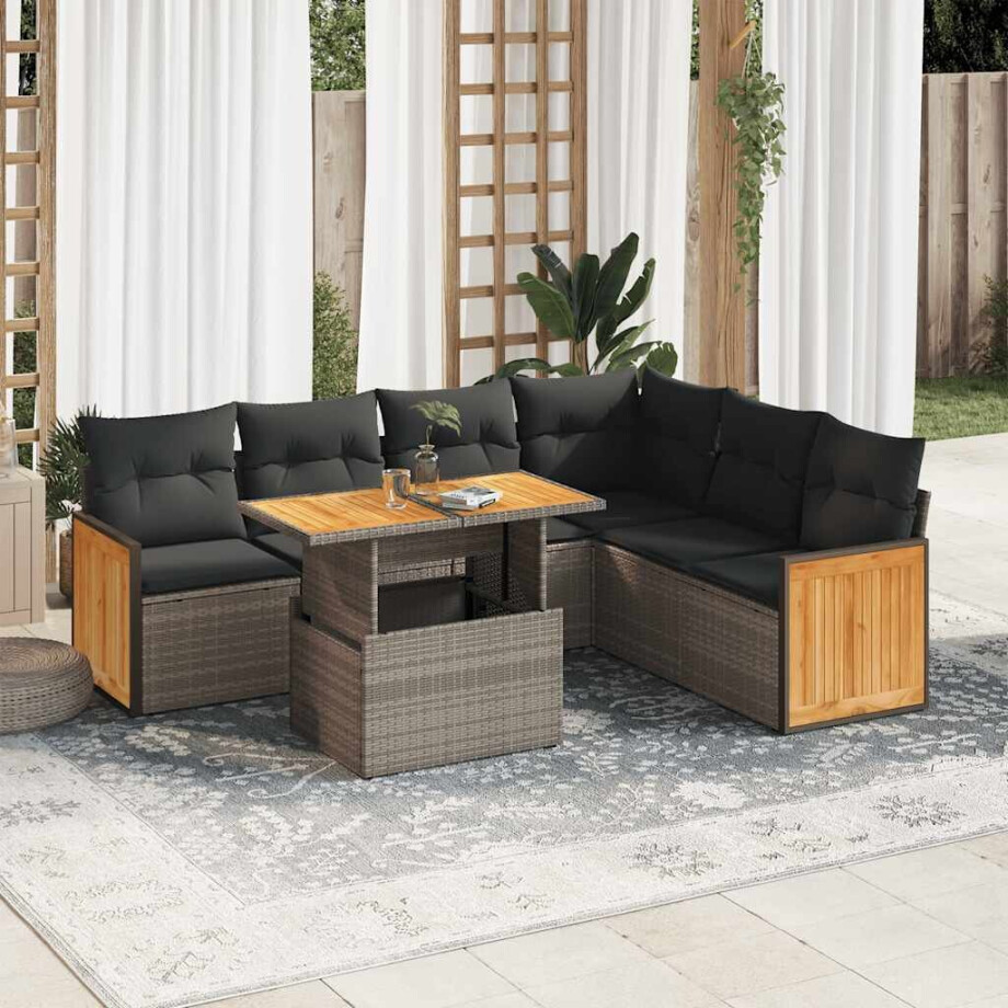 vidaXL 7-delige Loungeset met kussens poly rattan acacia grijs afbeelding 1