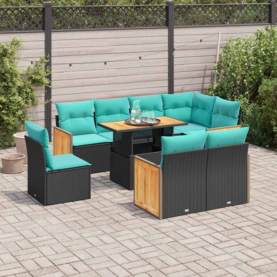 vidaXL 9-delige Loungeset met kussens poly rattan acacia zwart afbeelding 1