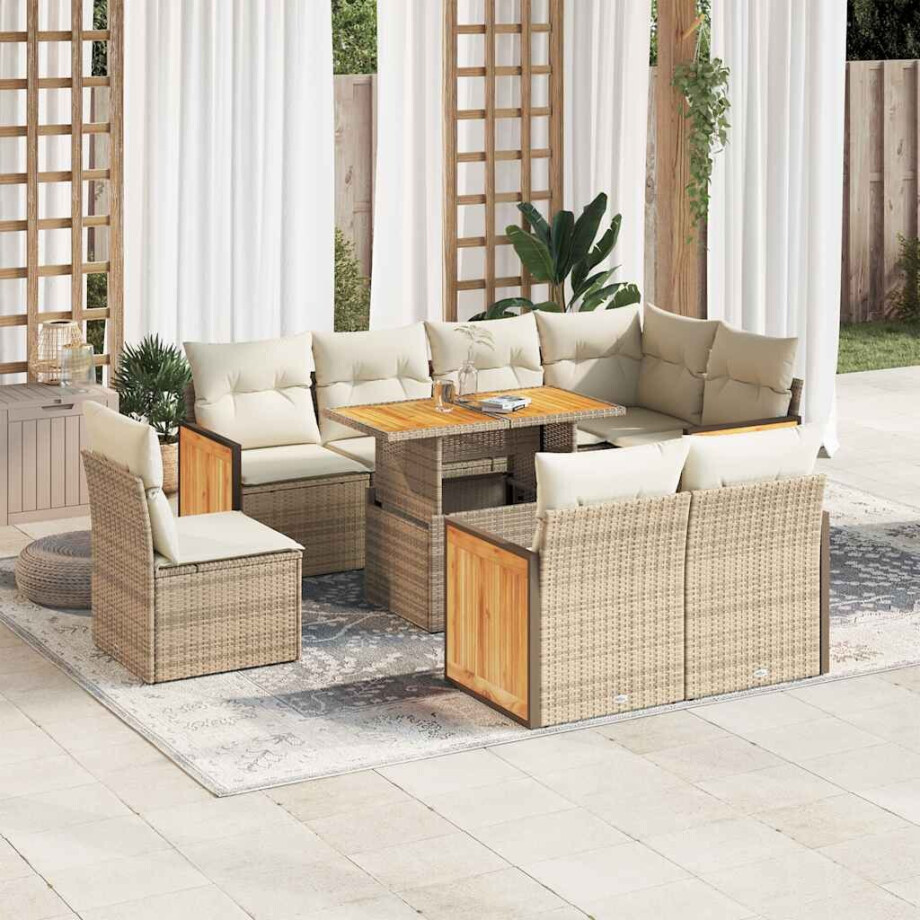 vidaXL 9-delige Loungeset met kussens poly rattan acacia beige afbeelding 1