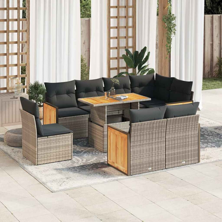 vidaXL 9-delige Loungeset met kussens poly rattan acacia grijs afbeelding 1
