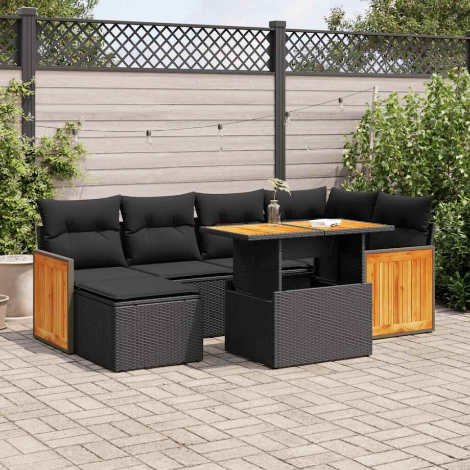 vidaXL 7-delige Loungeset met kussens poly rattan acacia zwart afbeelding 1