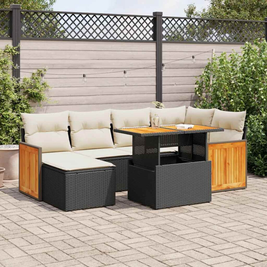 vidaXL 7-delige Loungeset met kussens poly rattan acacia zwart afbeelding 1