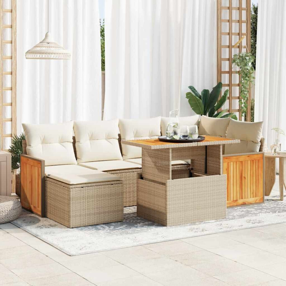 vidaXL 7-delige Loungeset met kussens poly rattan acacia beige afbeelding 1