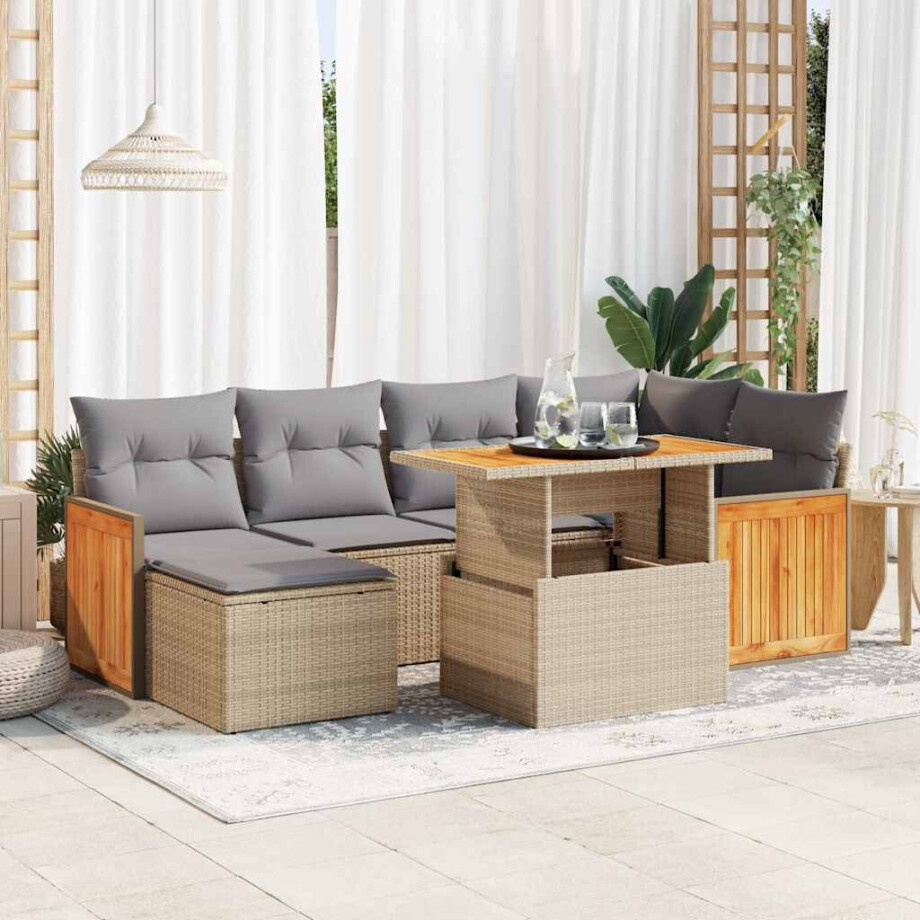 vidaXL 7-delige Loungeset met kussens poly rattan acacia beige afbeelding 1