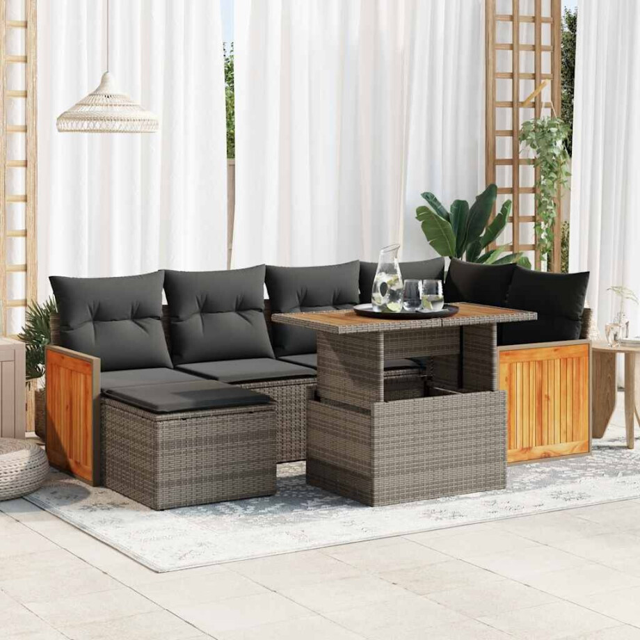 vidaXL 7-delige Loungeset met kussens poly rattan acacia grijs afbeelding 1