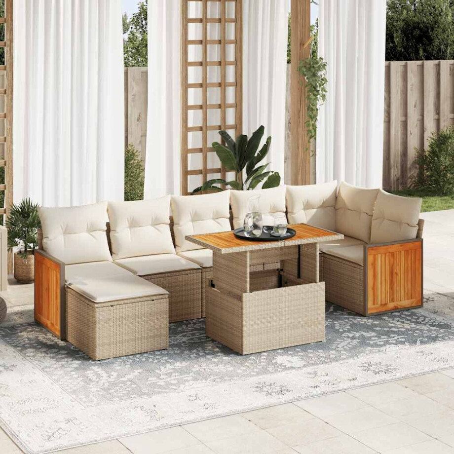 vidaXL 8-delige Loungeset met kussens poly rattan acacia beige afbeelding 1