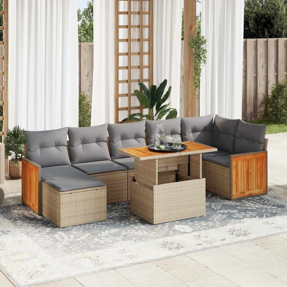 vidaXL 8-delige Loungeset met kussens poly rattan acacia beige afbeelding 1
