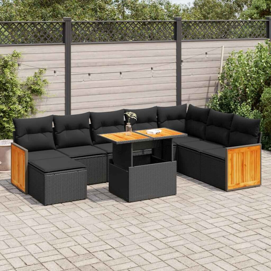 vidaXL 9-delige Loungeset met kussens poly rattan acacia zwart afbeelding 1