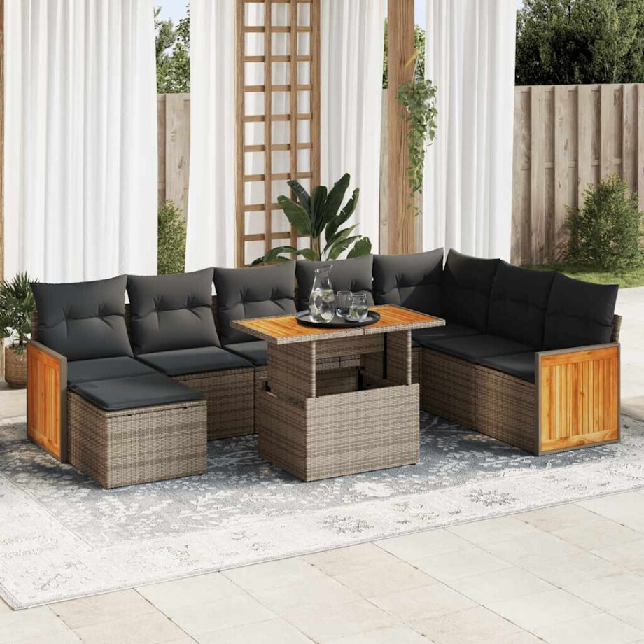 vidaXL 9-delige Loungeset met kussens poly rattan acacia grijs afbeelding 1