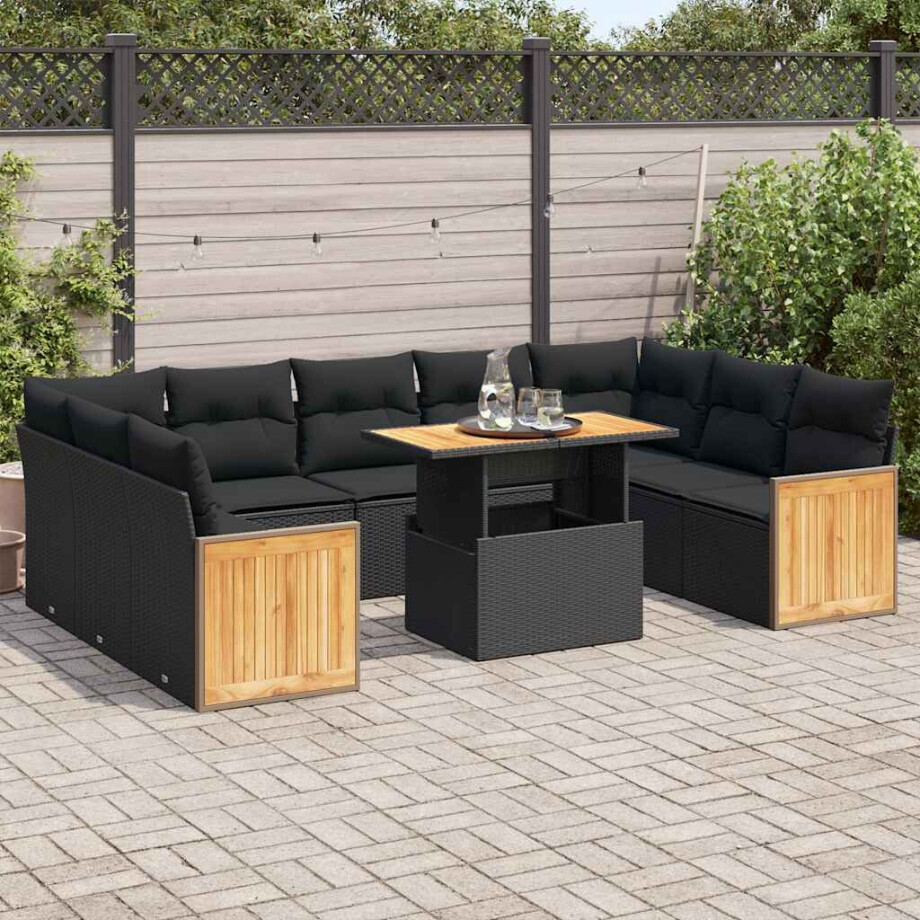 vidaXL 10-delige Loungeset met kussens poly rattan acacia zwart afbeelding 1