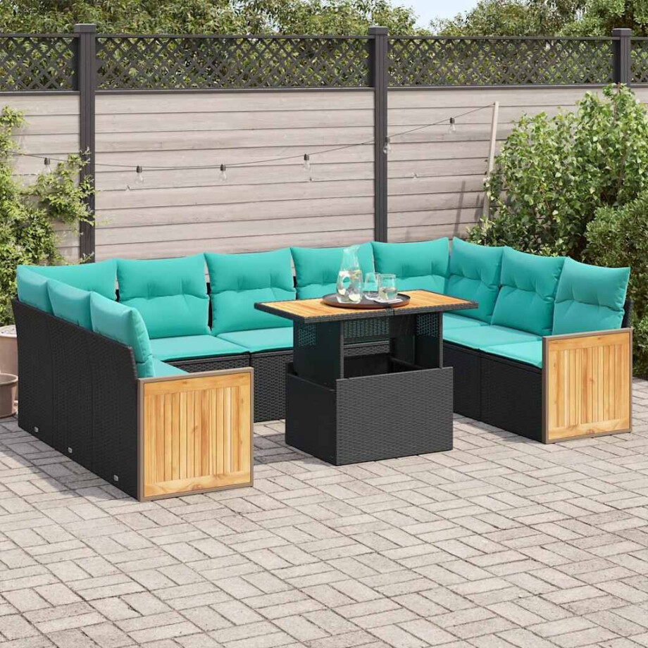 vidaXL 10-delige Loungeset met kussens poly rattan acacia zwart afbeelding 1