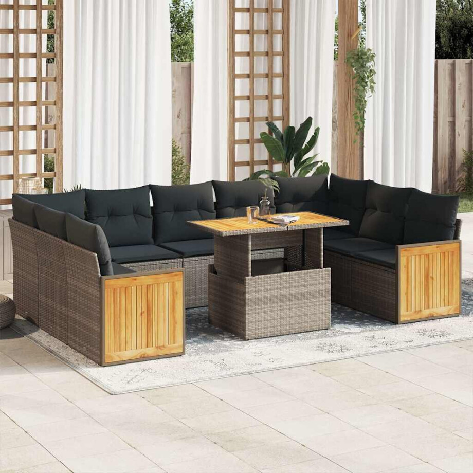 vidaXL 10-delige Loungeset met kussens poly rattan acacia grijs afbeelding 1