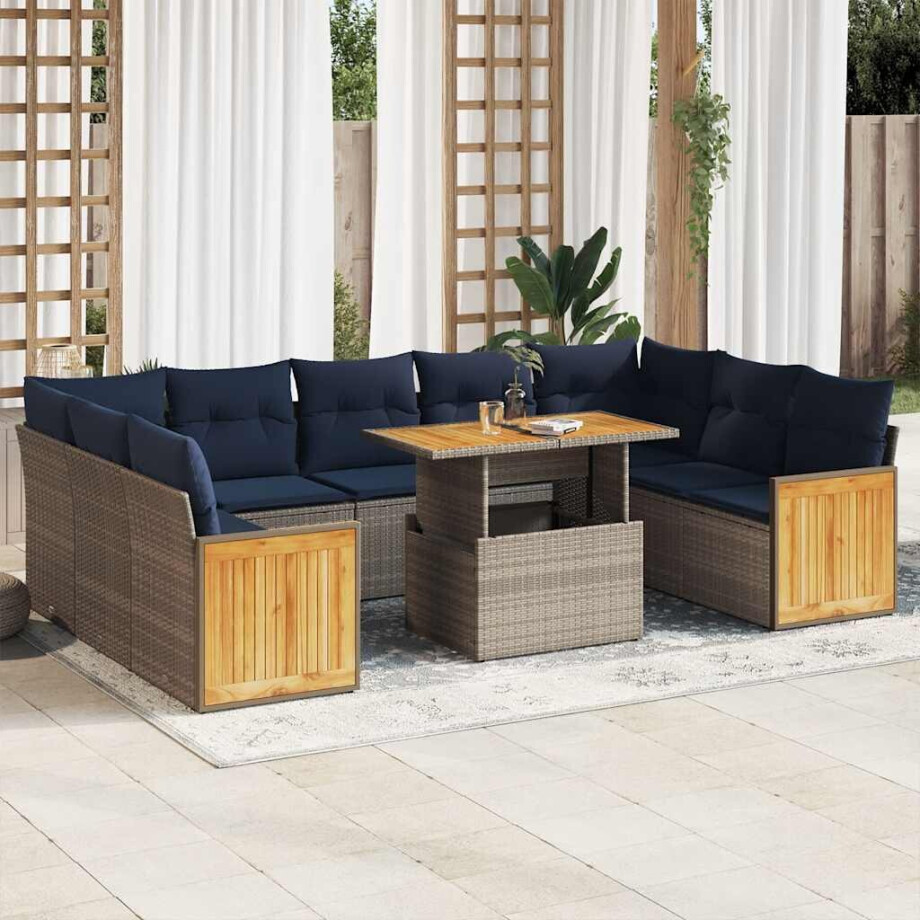 vidaXL 10-delige Loungeset met kussens poly rattan acacia grijs afbeelding 1