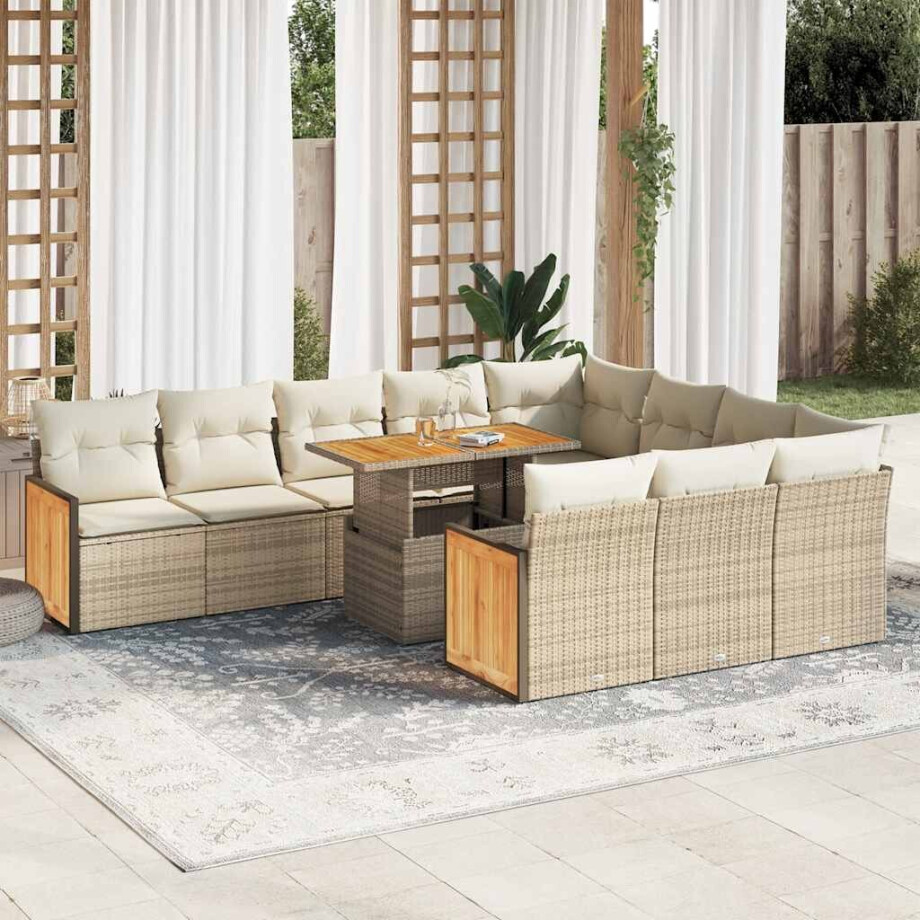 vidaXL 11-delige Tuinset met kussens poly rattan acacia beige vidaXL 11-delige Tuinset met kussens poly rattan acacia beige afbeelding 1