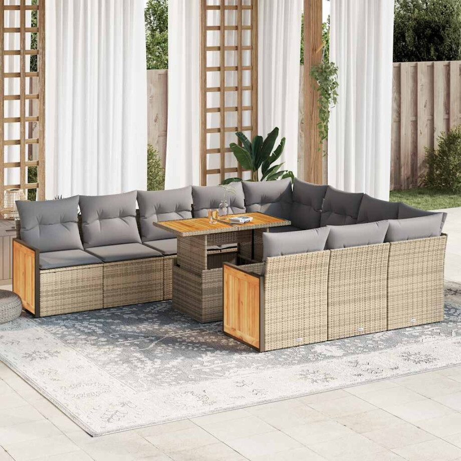 vidaXL 11-delige Tuinset met kussens poly rattan acacia beige afbeelding 1
