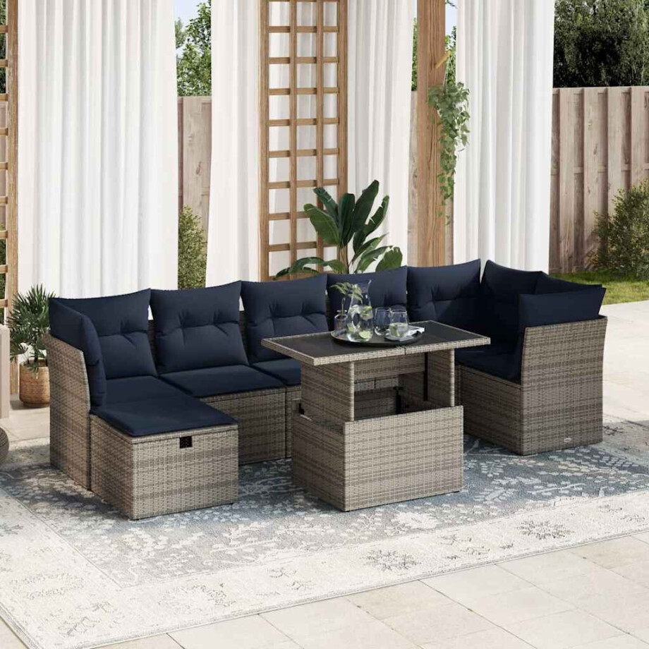 vidaXL 8-delige Loungeset met kussens poly rattan acacia grijs vidaXL 8-delige Loungeset met kussens poly rattan acacia grijs afbeelding 1