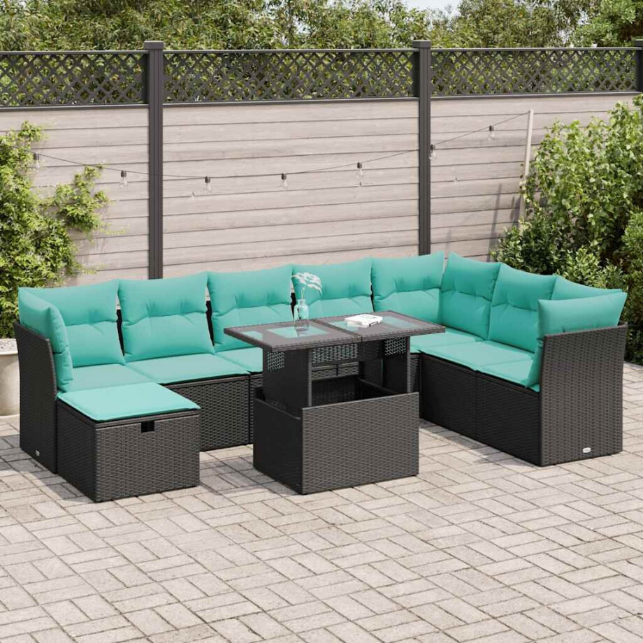 vidaXL 9-delige Loungeset met kussens poly rattan acacia zwart afbeelding 1