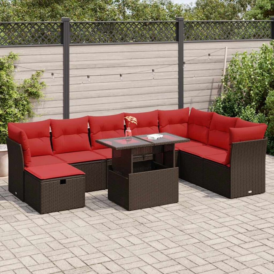 vidaXL 9-delige Loungeset met kussens poly rattan acacia bruin afbeelding 1