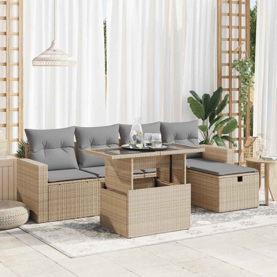vidaXL 6-delige Loungeset met kussens poly rattan beige vidaXL 6-delige Loungeset met kussens poly rattan beige afbeelding 1