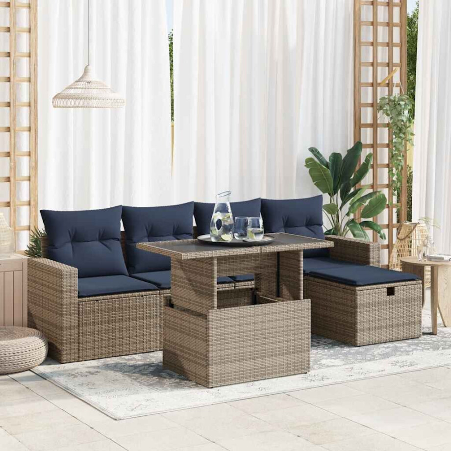 vidaXL 6-delige Loungeset met kussens poly rattan grijs afbeelding 1