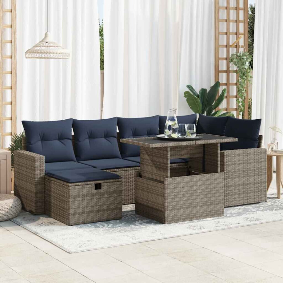 vidaXL 7-delige Loungeset met kussens poly rattan acacia grijs afbeelding 1