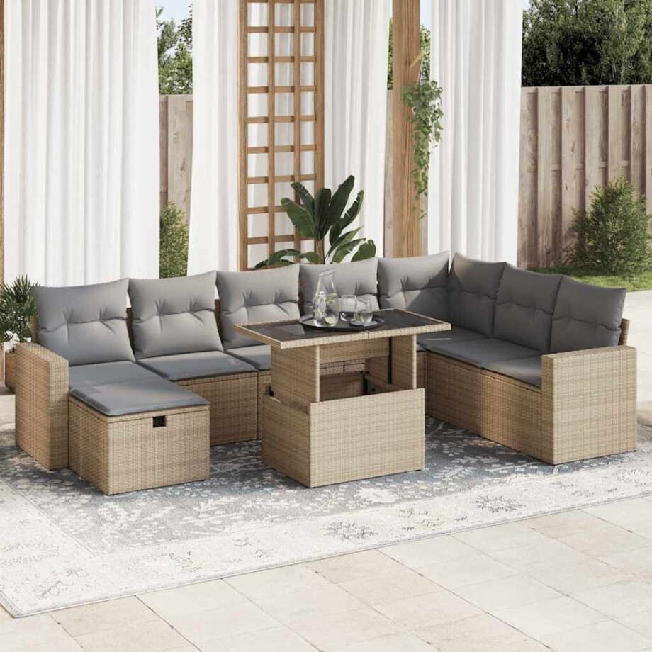 vidaXL 9-delige Loungeset met kussens poly rattan beige afbeelding 1