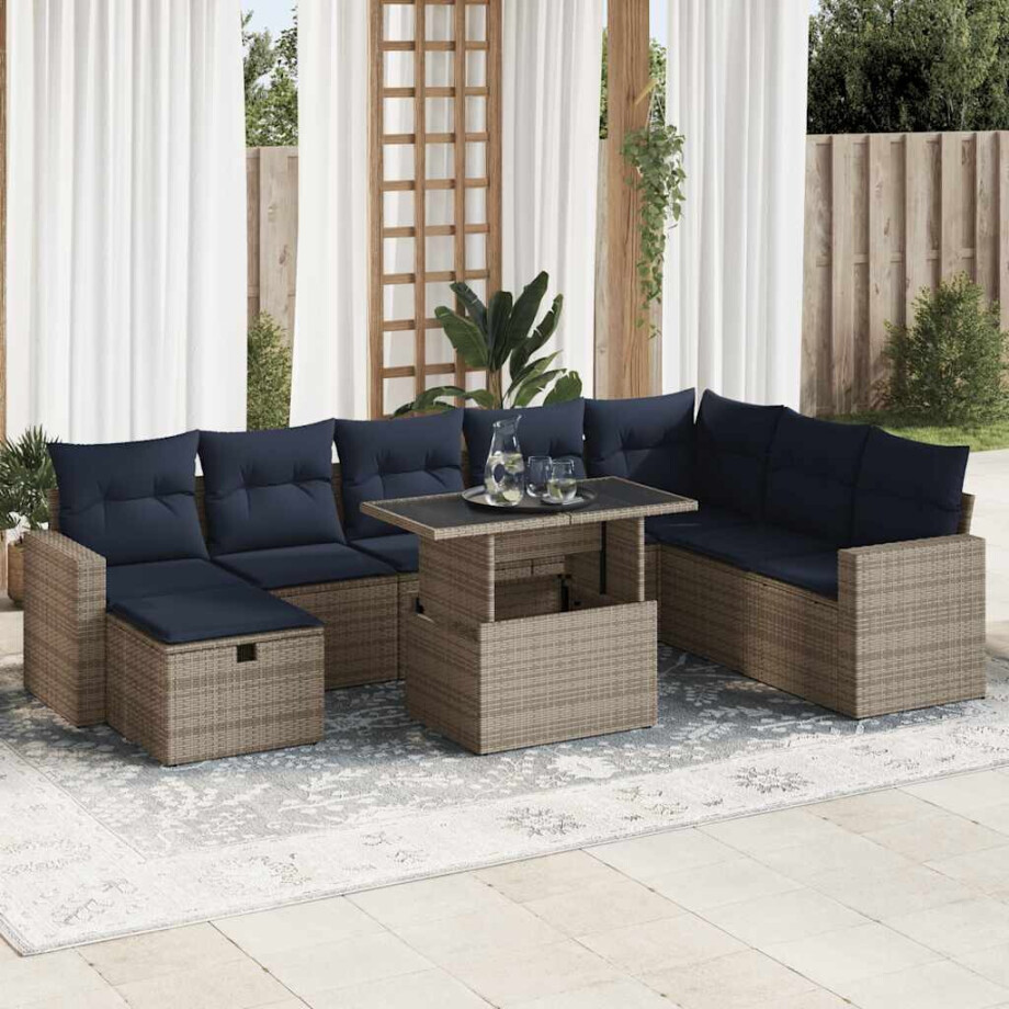 vidaXL 9-delige Loungeset met kussens poly rattan grijs afbeelding 1