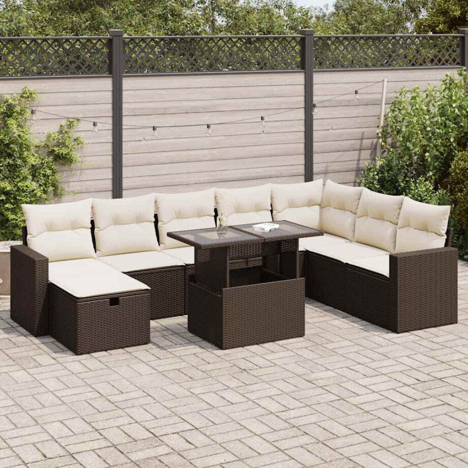 vidaXL 9-delige Loungeset met kussens poly rattan bruin afbeelding 1