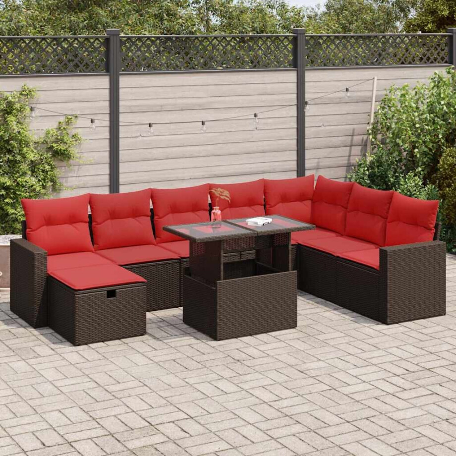 vidaXL 9-delige Loungeset met kussens poly rattan acacia bruin afbeelding 1