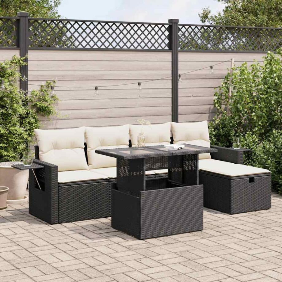 vidaXL 6-delige Loungeset met kussens poly rattan zwart afbeelding 1