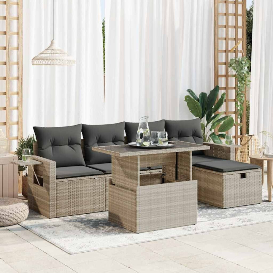 vidaXL 6-delige Loungeset met kussens poly rattan lichtgrijs afbeelding 1