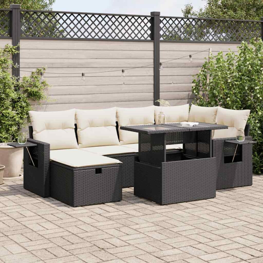 vidaXL 7-delige Loungeset met kussens poly rattan zwart vidaXL 7-delige Loungeset met kussens poly rattan zwart afbeelding 1