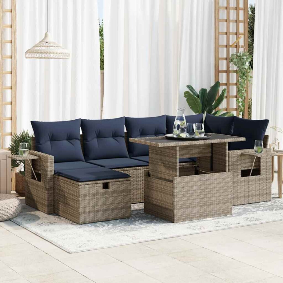 vidaXL 7-delige Loungeset met kussens poly rattan acacia grijs afbeelding 1
