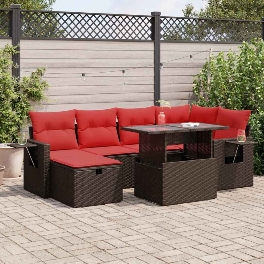vidaXL 7-delige Loungeset met kussens poly rattan acacia bruin vidaXL 7-delige Loungeset met kussens poly rattan acacia bruin afbeelding 1